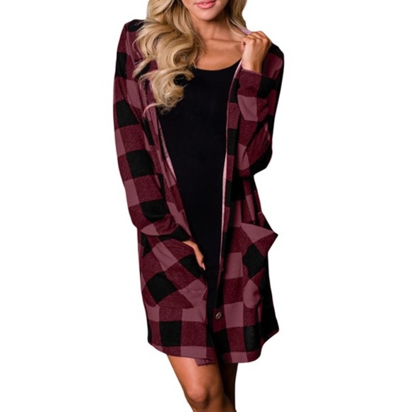 Unbranded Sweaters - Purplish Red Checkered Button Up Hooded Cardigan